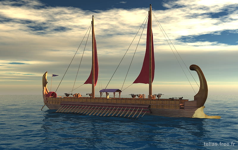 Ancient Egyptian Human Powered Boat, water, boat, small sails, oars, clouds, sky, HD wallpaper