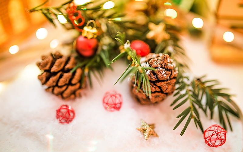 christmas bumps, fir-tree, Happy New Year, Merry Christmas, bokeh, New Year, HD wallpaper