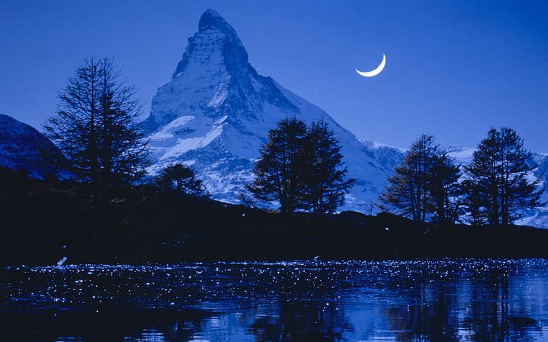 Nature, Sky, Mountains, Night, Moon, Mountain, Peak, Tree, , Evening, Switzerland, Matterhorn, HD wallpaper