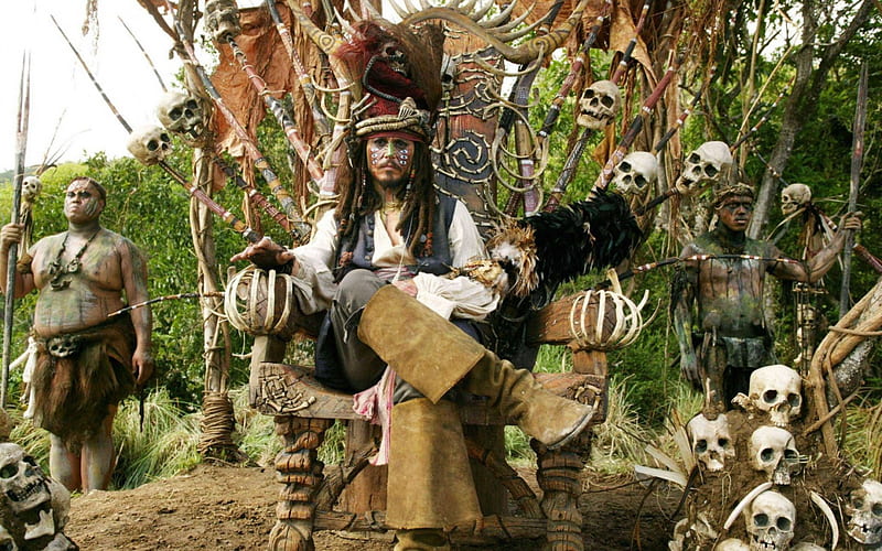 Johnny Depp as Jack Sparrow, movie, man, green, Jack Sparrow, jungle, Pirates of the Caribbean, mask, skull, actor, disney, Johnny Depp, HD wallpaper