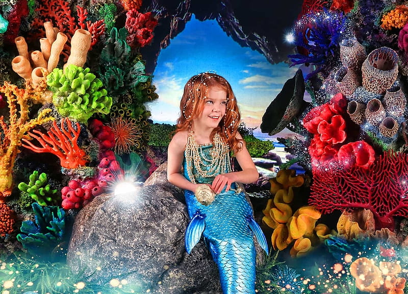 Little mermaid, colorful, little, recif, girl, summer, mermaid, copil, child, HD wallpaper