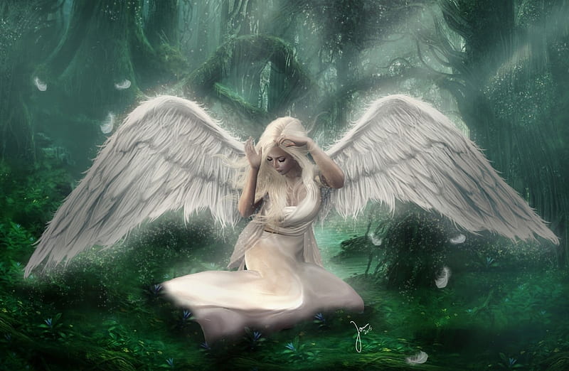 Angel, wings, game, woman, fantasy, girl, green, rendering, white, HD ...