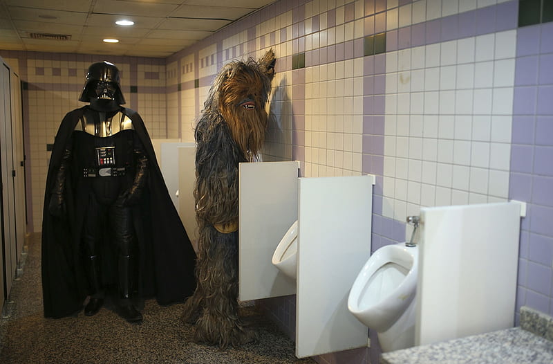 Fans dressed as Darth Vader and Chewbacca in a bathroom as they attend 53rd Antalya Film Festival in the Turkish resort of Antalya on October 17, 2016, Chewbacca, 53rd Antalya Film Festival, bathroom, Darth Vader, 17 October 2016, Turkey, HD wallpaper
