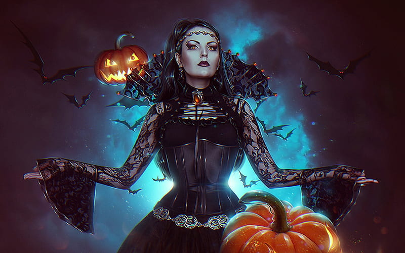 Halloween witch, witch, fantasy, girl, orange, pumpkin, halloween, dark, blue, luminos, HD wallpaper
