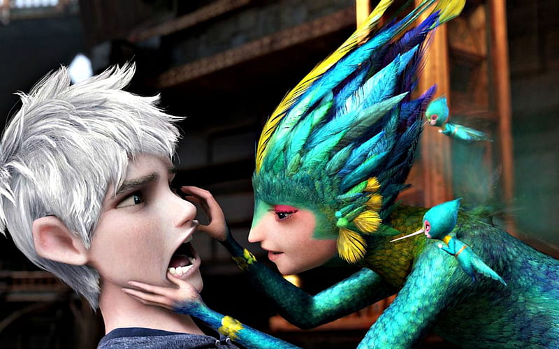 Jack Frost and Tooth Fairy, dreamworks, movie, guy, rise of the guardians, yellow, jack frost, boy, fantasy, feather, fairy, blue, HD wallpaper