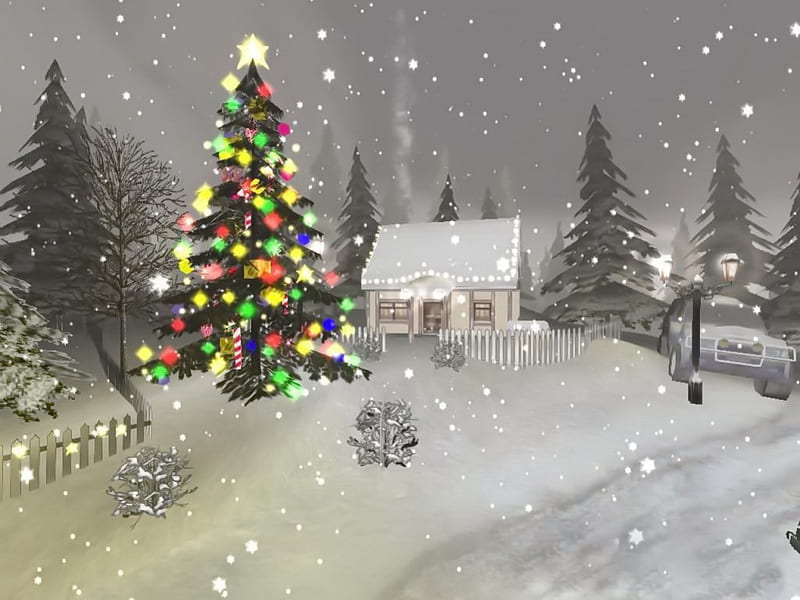Christmas time, house, cottage, cabin, lights, cold, mountain, painting ...