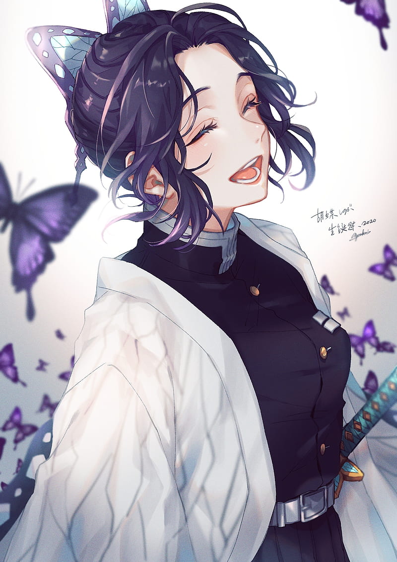 Shinobu Kocho , butterflies, demon slayer, girl, shinobu kocho, smile, HD phone wallpaper