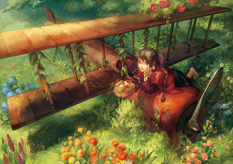 Autumn snack, red, forest, autumn, grass, manga, cute, fruit, airplane, girl, green, anime, snack, HD wallpaper