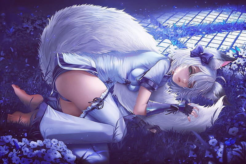 Fox girl, anime, blue, vulpe, fox, girl, manga, white, HD wallpaper | Peakpx