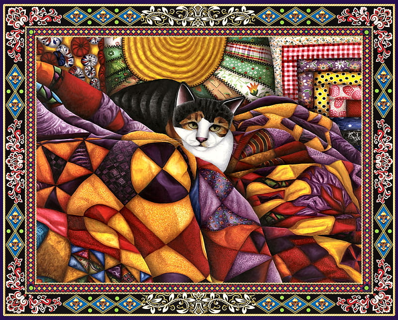 Quilted Cat F, art, quilt, bonito, pets, artwork, animal, feline, painting, wide screen, cats, HD wallpaper