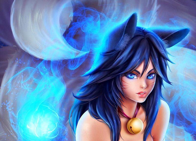 Ahri, luminos, nine tails, game, woman, league of legends, fantasy, girl, fox, magical, prywinko, blue, HD wallpaper