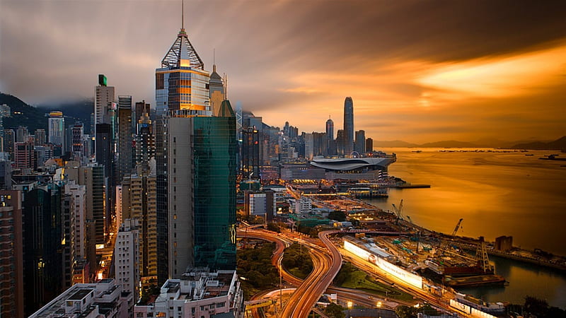 hong kong, city, megapolis, night, china, skyscrapers, lights, HD wallpaper