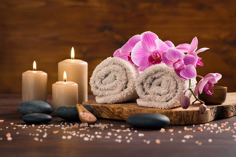 Spa treatment with Candles, Spa, Candles, Orchids, Towels, HD wallpaper