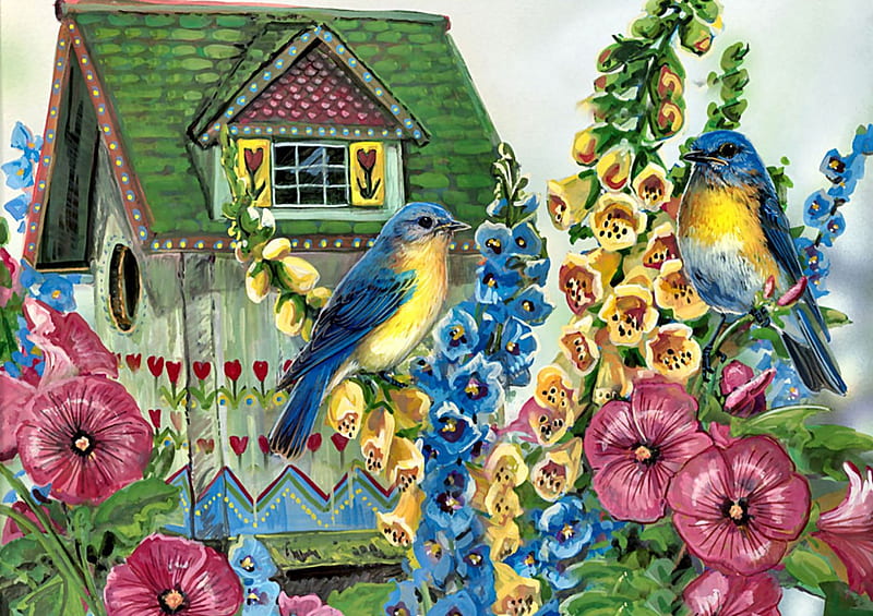 Hollyhock Cottage F1, art, songbird, artwork, hollyhock, animal, Bluebird, bird, avian, painting, wide screen, wildlife, flower, HD wallpaper