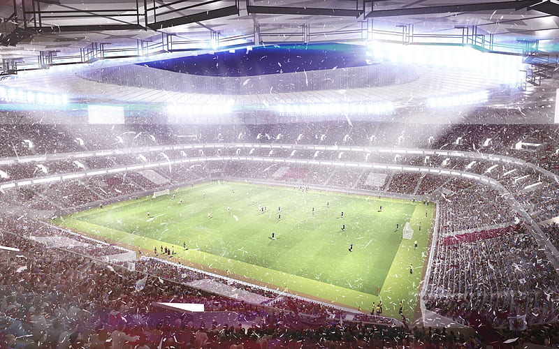 football stadium, football concepts, filled stadium stands, football match, green lawn, fans, Qatar Foundation Stadium, HD wallpaper