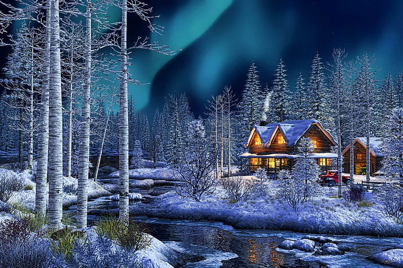 Northern lights, house, shore, cottage, cabin, lights, cold, mountain, painting, river, frost, art, amazing, quiet, calmness, creek, sky, trees, winter, serenity, snow, ice, peaceful, northern, frozen, HD wallpaper