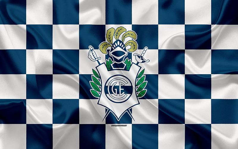 Club de Gimnasia y Esgrima La Plata logo, creative art, blue white checkered flag, Argentinian football club, Argentine Superleague, Primera Division, emblem, silk texture, La Plata, Argentina, football, Gimnasia FC, HD wallpaper