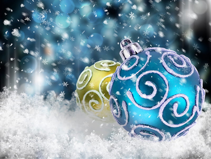 Christmas Balls, pretty, bonito, magic, xmas, graphy, bokeh, ball, green, magic christmas, beauty, blue, lovely, christmas, colors, christmas decoration, new year, happy new year, merry christmas, snow, snowflakes, HD wallpaper