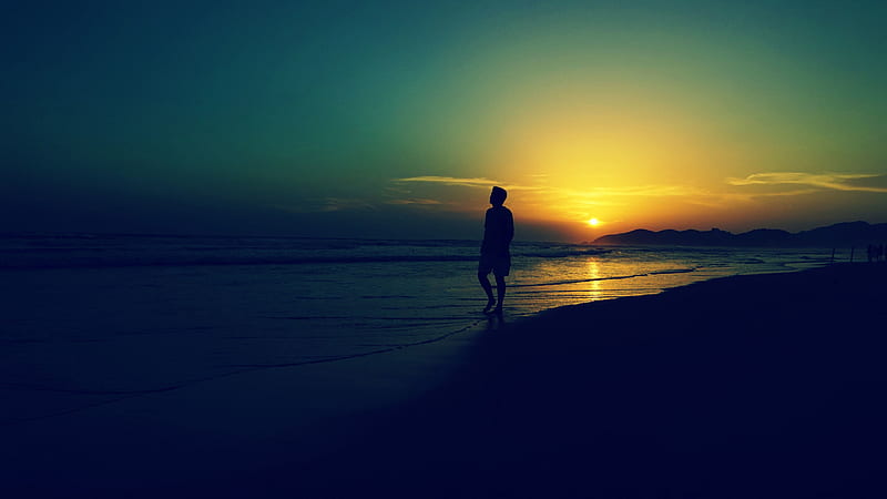 Man Is Walking Alone On Beach During Sunset Alone, HD wallpaper