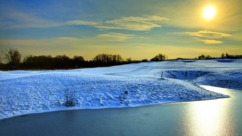 A Sunny Winter Day, yellow, sunny, river, snowy, HD wallpaper