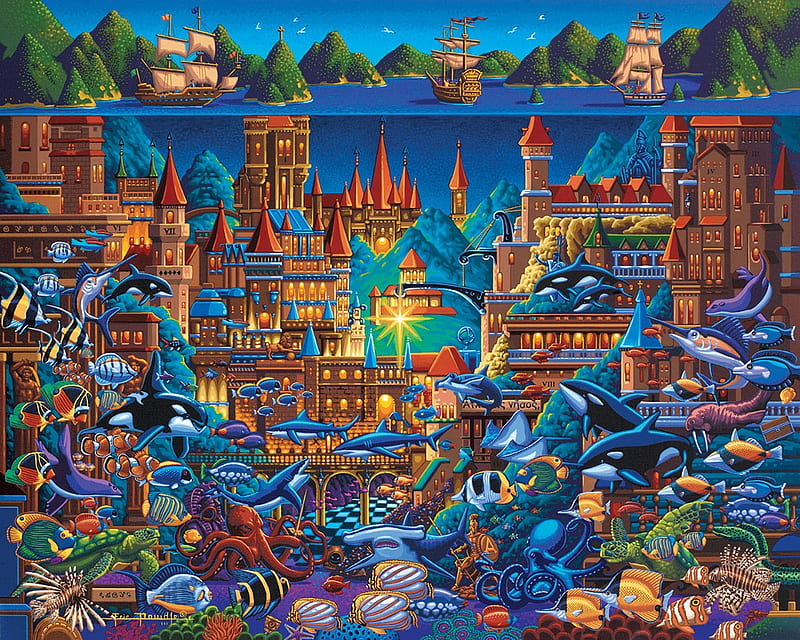 Atlantis, sea, blue, art, summer, painting, pesti, pictura, underwater, eric dowdle, fish, castle, water, ocean, vara, HD wallpaper