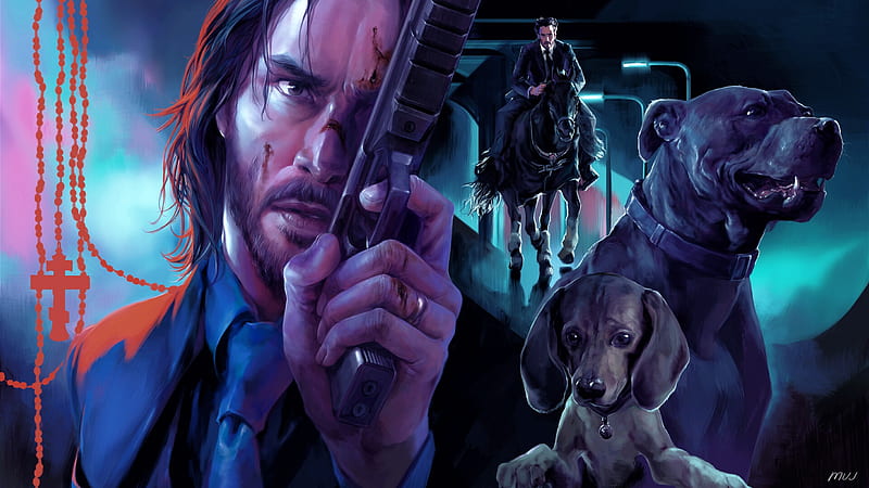 John Wick, face, man, mujia liao, actor, art, Keanu Reeves, movie, fantasy, purple, dog, HD wallpaper