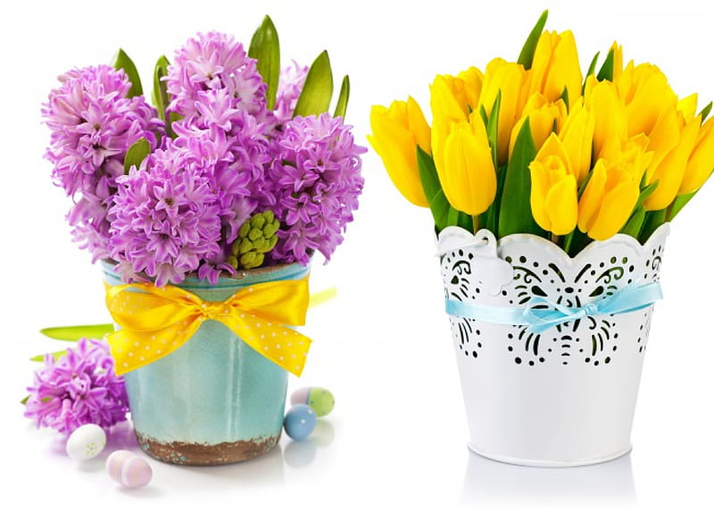 Spring Flowers, hyacinth, lilac, eggs, flowers, spring, bow, tulips, easter, HD wallpaper