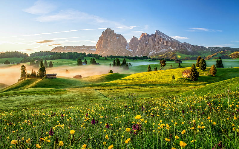 Italy meadows, morning landscapes, mountains, Dolomites, Alps, fog, green hills, Europe, beautiful nature, HD wallpaper