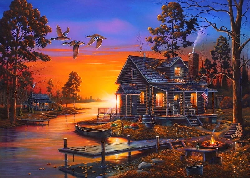 Cozy Living, flying birds, lakes, fall season, cottages, autumn, houses, love four seasons, attractions in dreams, boats, paintings, sunsets, cabins, HD wallpaper