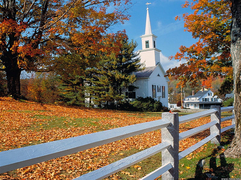 Church in New England, fence, new england, autumn time, plants, blue sky, church, trees, red leaves, HD wallpaper