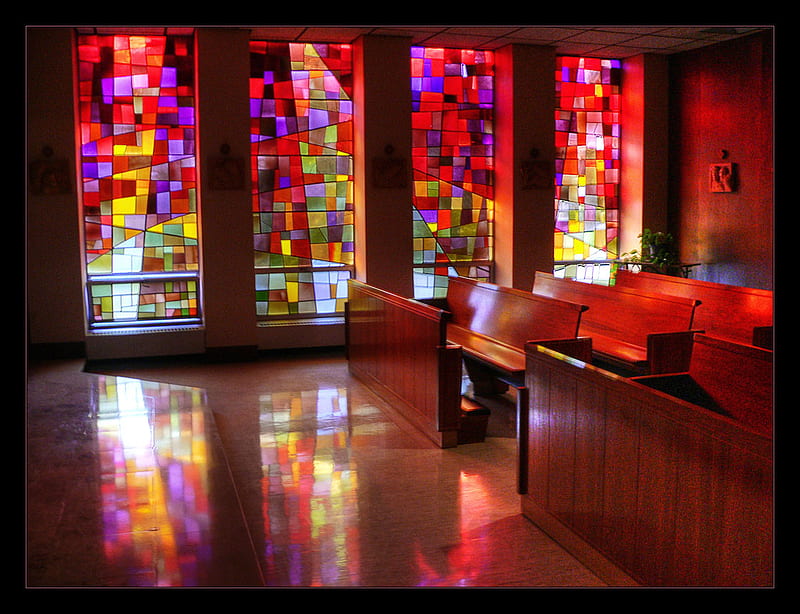 Oh Holy light, glow, floor, stained glass, sunlight, colors, church, windows, benches, reflections, HD wallpaper