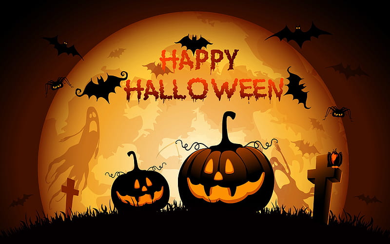 Happy Halloween, bats, moon, pumpkins, abstract art, Halloween, HD wallpaper