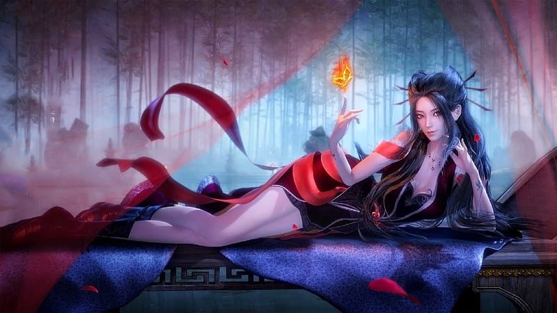Shanghai Lady, digital, art, fantasy, woman, fire, HD wallpaper
