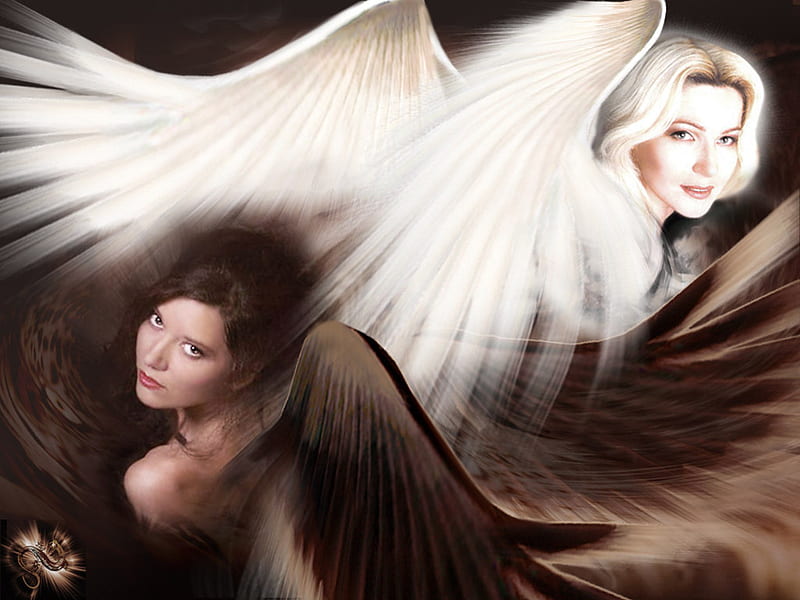 Two friends, white and black angels, fantasy, goddess, angel, beauty, lady, HD wallpaper