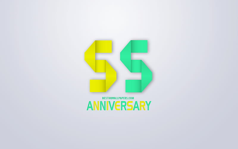 55th Anniversary sign, origami anniversary symbols, yellow green origami digits, White background, origami numbers, 55th Anniversary, creative art, 55 Years Anniversary, HD wallpaper