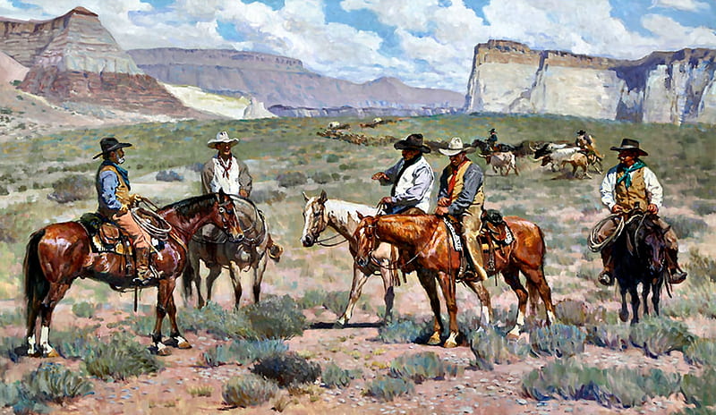 Getting Down to Business, Old West, art, desert, equine, bonito, illustration, artwork, horses, mountains, painting, wide screen, cowboy, HD wallpaper