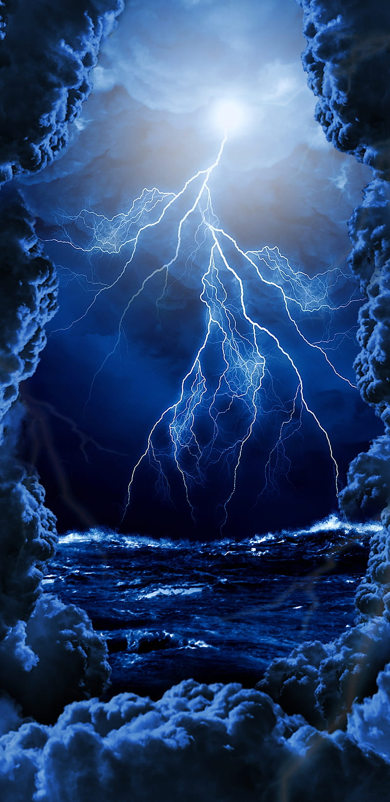 Into The Storm, blue, lightning, sea, storm, storms, strike, thunder, HD phone wallpaper