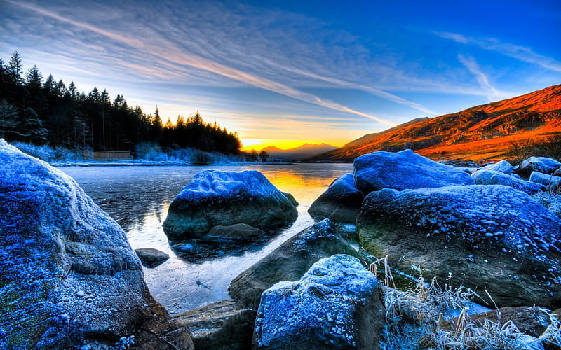 Frost at Sunrise, rocks, high dynamic range, fog, stones, gold, multicolor, mounts, creeks, smoky, sunrays, winterscape, snow, white, ambar, cold, leaves, green, amber, sun rays, smoke, frost, blue, reflex, pond, riverscape, icy, r, nature, branches, foggy, orange, ho, clouds, shadows, forests, sunrise, rivers, golden, black, pines, sky, panorama, water, surface, ice, hop, fullscreen, landscape, colorful, sunny, trunks, graphy, sunsets, mirror, hill, view, colors, leaf, plants, colours, frozen, reflections, horizo, HD wallpaper