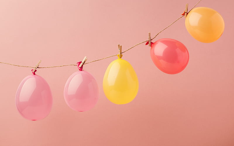 colored balloons, pink background, balloons on a rope, decoration, holiday, HD wallpaper