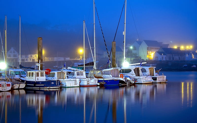 Blue Hour in Brittany, France, yachts, France, marina, boats, HD wallpaper