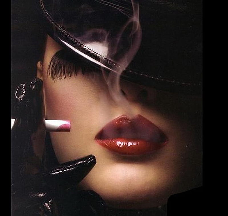 Scarlet lips smoke, red, scarlet, hot, girls, lips, smoke, hat, HD wallpaper