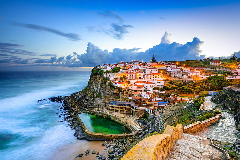 Azenhas do Mar, Atlantic Ocean, coast, resort, sunset, evening, Portugal, Sintra, HD wallpaper