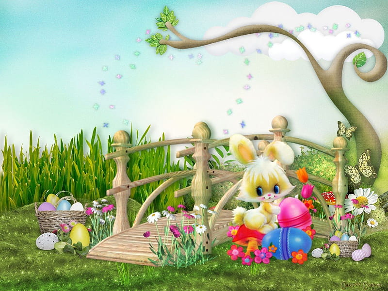 Easter Egg Hunt, rabbit, yellow, easter, spring, cartoon, green, basket, eggs, flowers, bunny, white, pink, blue, HD wallpaper