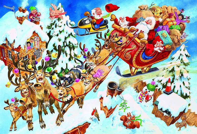 Santa Claus, craciun, painting, reindeer, art, pictura, santa, sleigh, fantasy, christmas, HD wallpaper