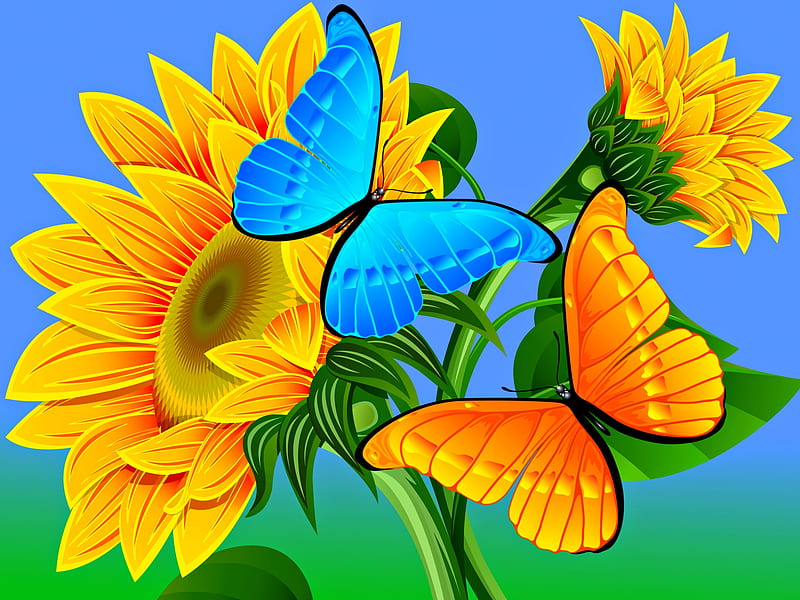 Dancing To The Sun, Sunflowers, Butterflies, Blue Sky, Sun, HD wallpaper