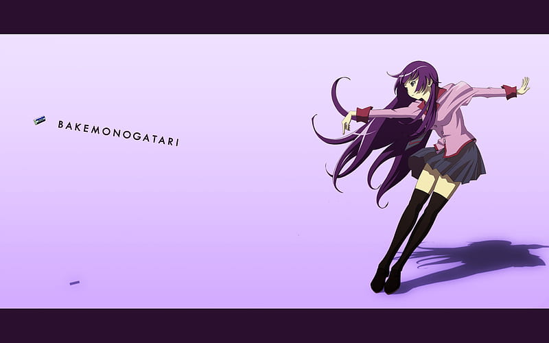 bakemonotagari, cool, leaning, eraser, purple hair, purple eyes, seifuku, long hair, HD wallpaper