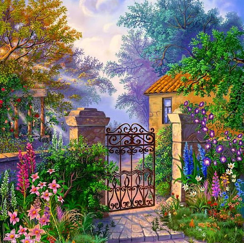 Iron Gate Garden, painting, gate, garden, iron, HD wallpaper