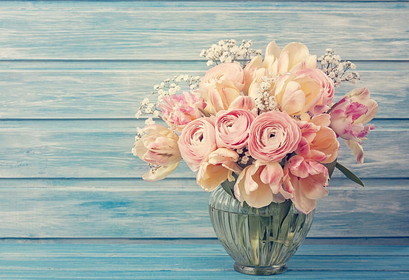 Pretty bouquet of flowers, ranunculus, bouquet, flower, vase, pink, wood, blue, card, HD wallpaper