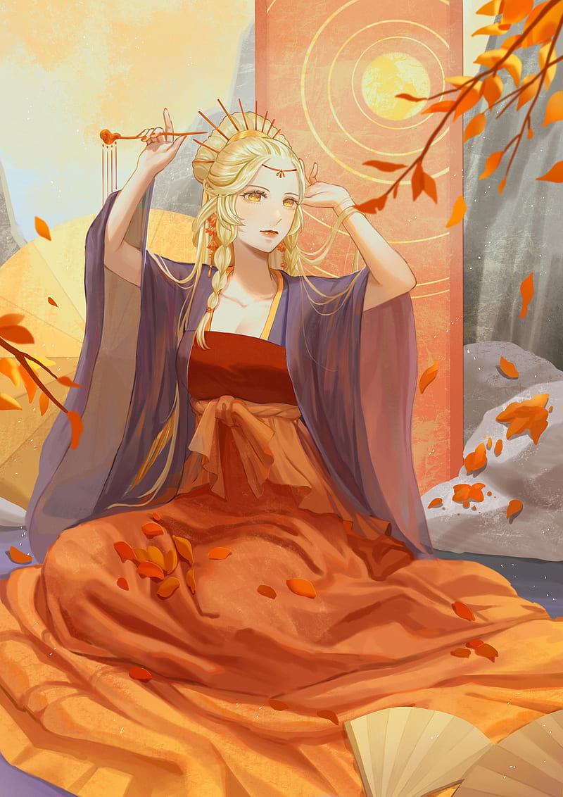 queen, autumn, leaves, art, anime, HD phone wallpaper