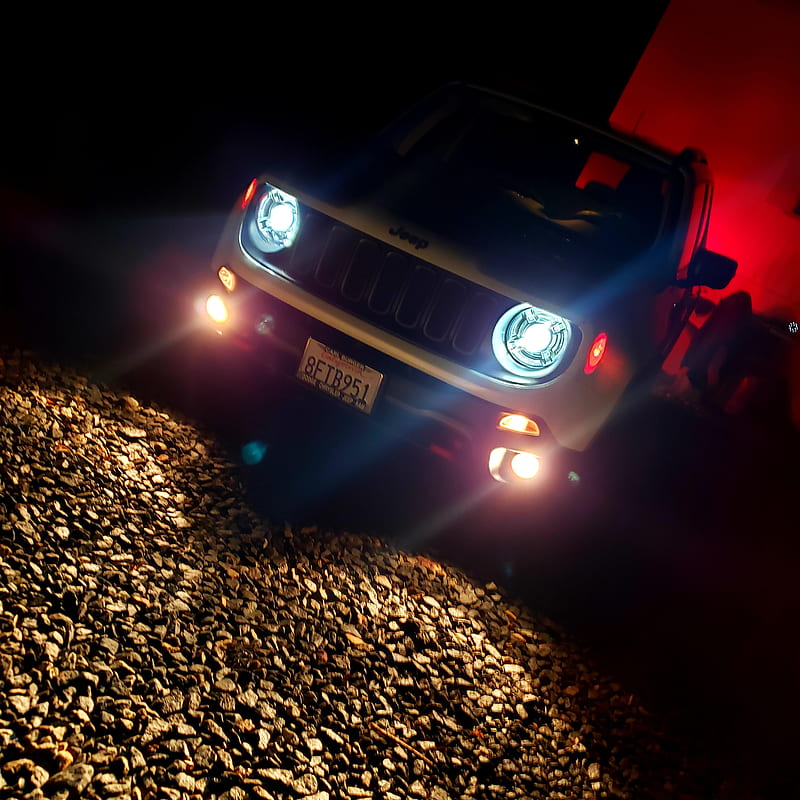 Jeep Renegade, car, light, logo, night, rocks, HD phone wallpaper